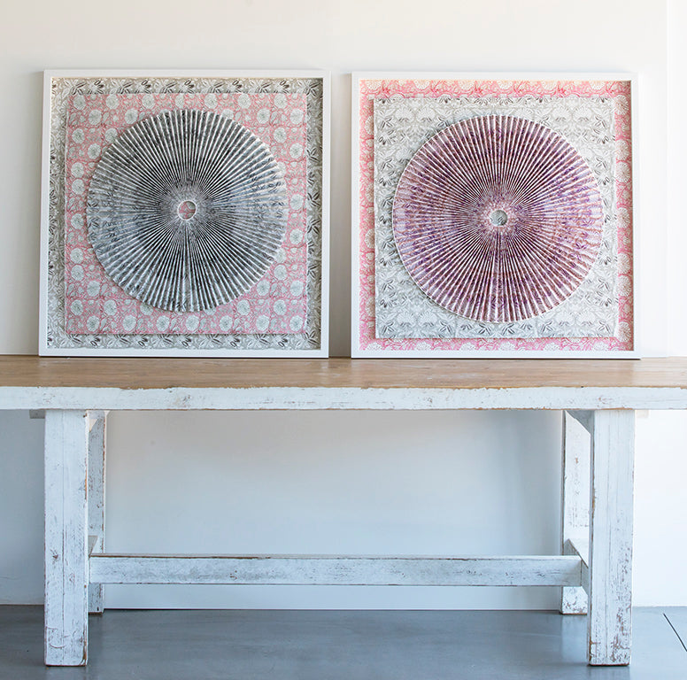 Pleated Dimensional Circle: Pink and Grey Block Print